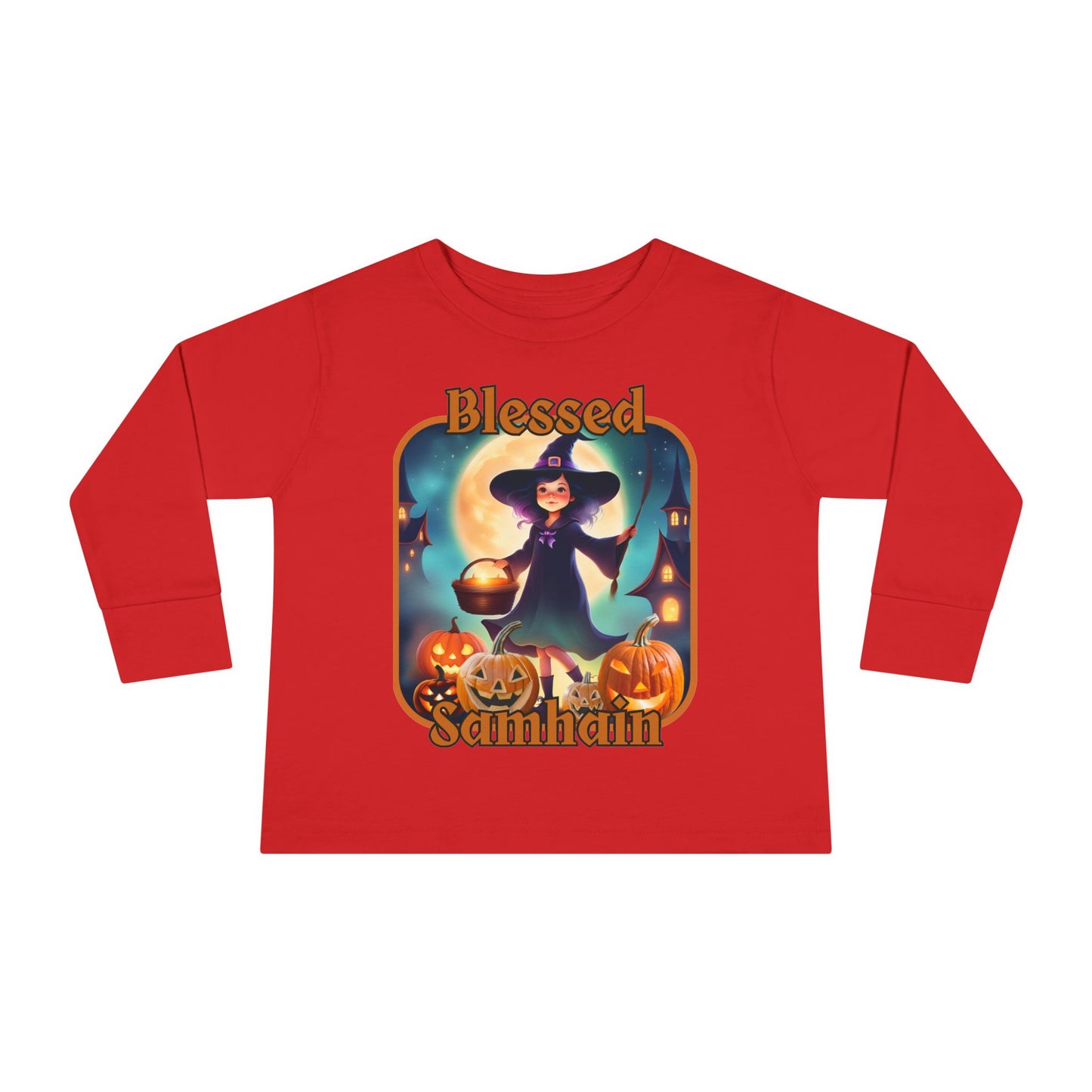 Blessed Samhain Little Witch Orange font Toddler Long Sleeve Tee by CreepyCrafts.boo