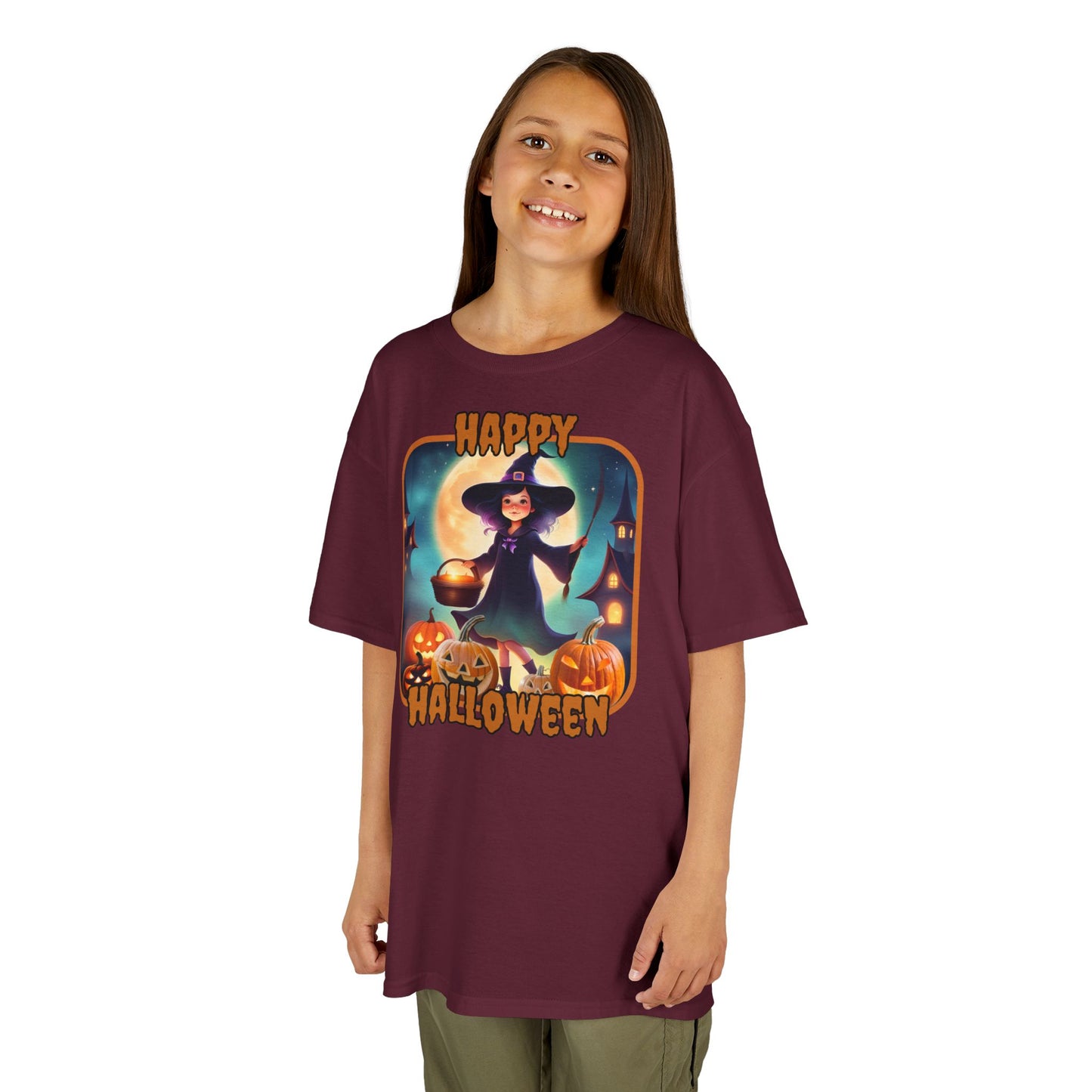 Happy Halloween Little Witch Orange font Kids Heavy Cotton™ Tee by CreepyCrafts.boo