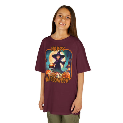 Happy Halloween Little Witch Orange font Kids Heavy Cotton™ Tee by CreepyCrafts.boo