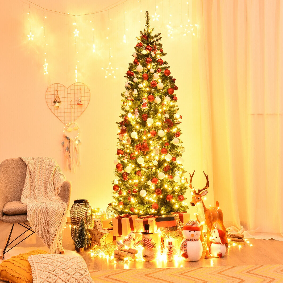 6 Feet PVC Hinged Pre-lit Artificial Fir Pencil Christmas Tree with 150 Lights