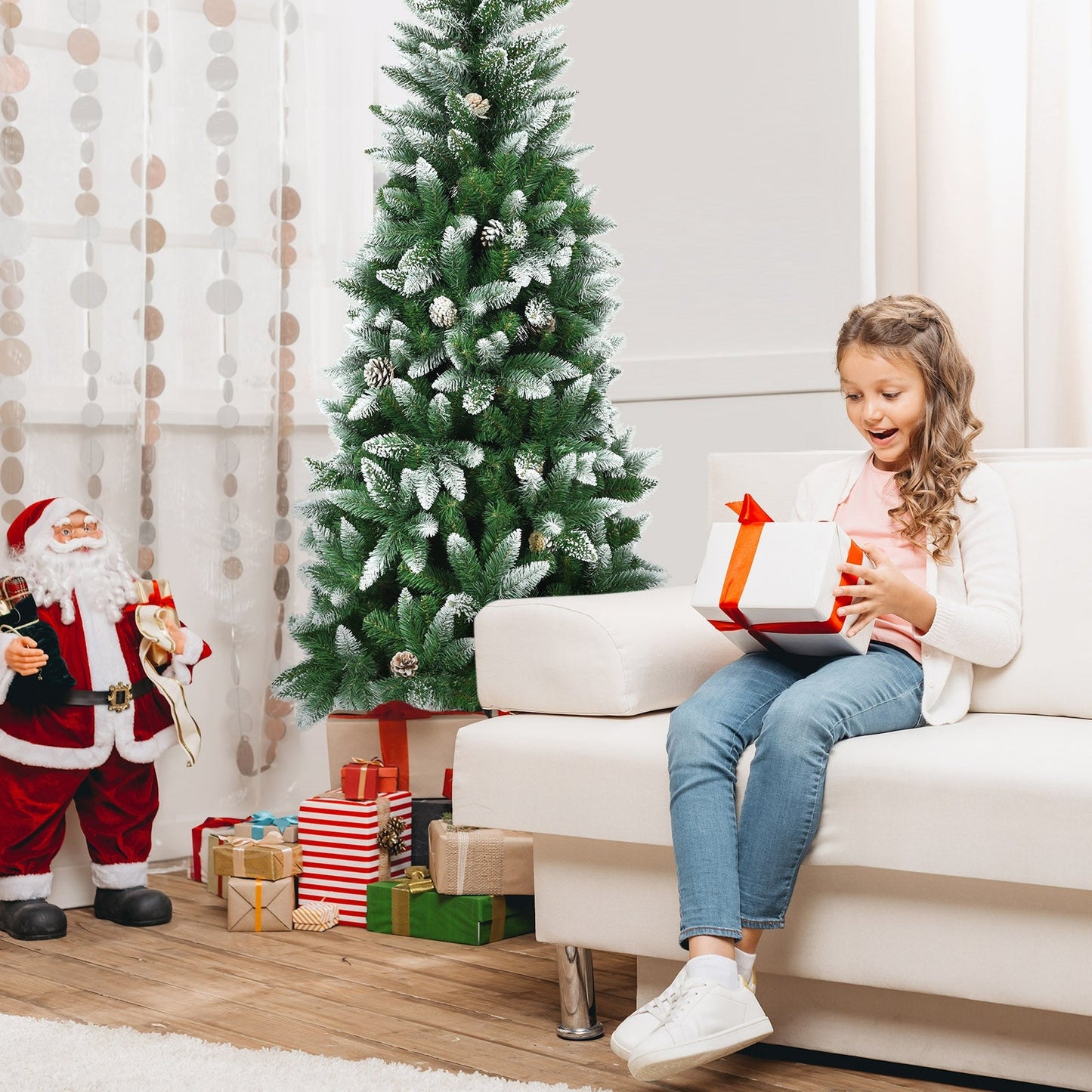 5/6/7.5 Feet Artificial Pencil Christmas Tree with Pine Cones