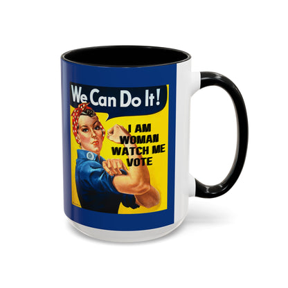 I Am Woman Watch Me Vote Rosie Dark Blue Accent Mug by cypherpunkgear.com