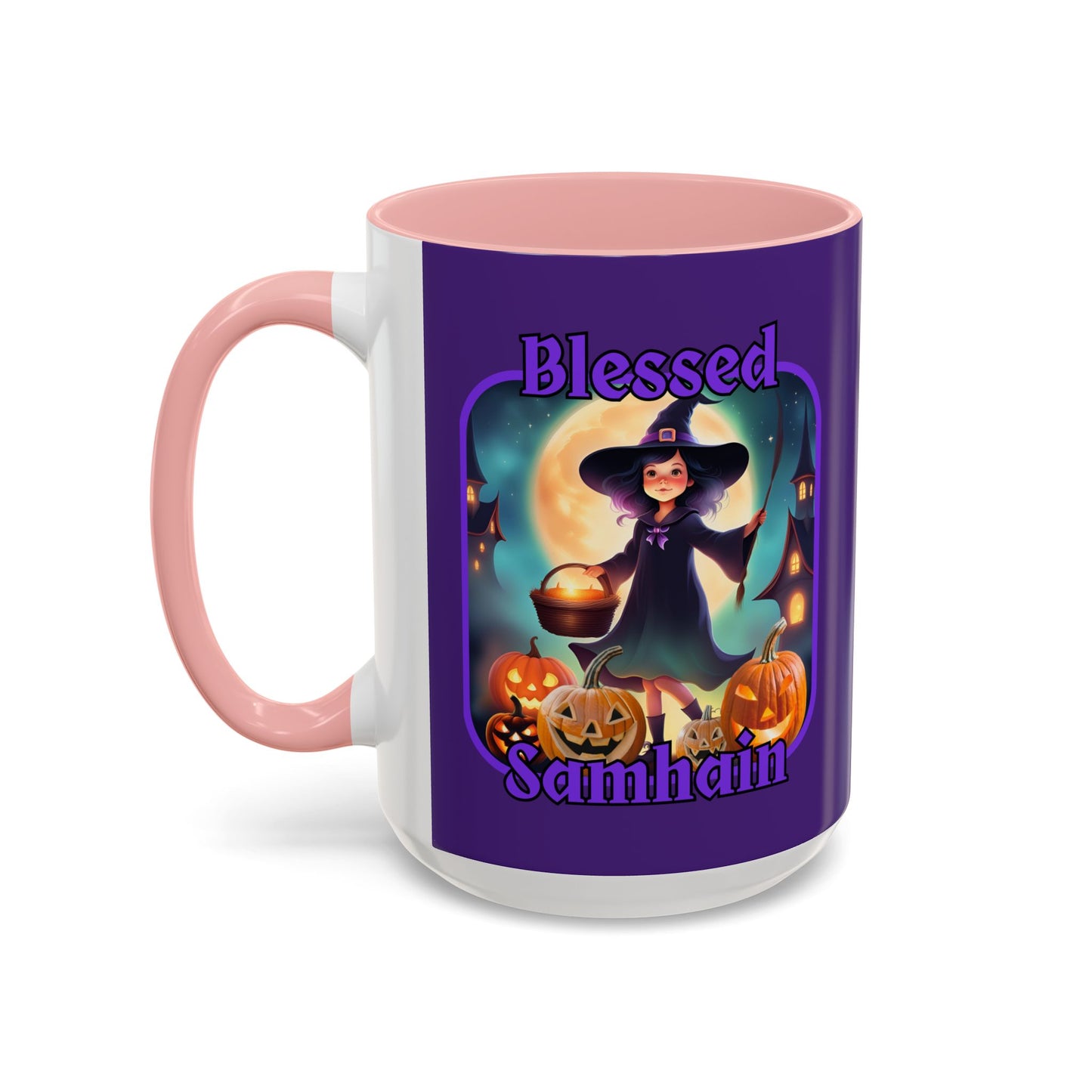 Blessed Samhain Little Witch Purple font Purple Accent Mug by CreepyCrafts.boo