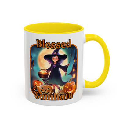 Blessed Samhain Little Witch Orange font White Accent Mug by CreepyCrafts.boo