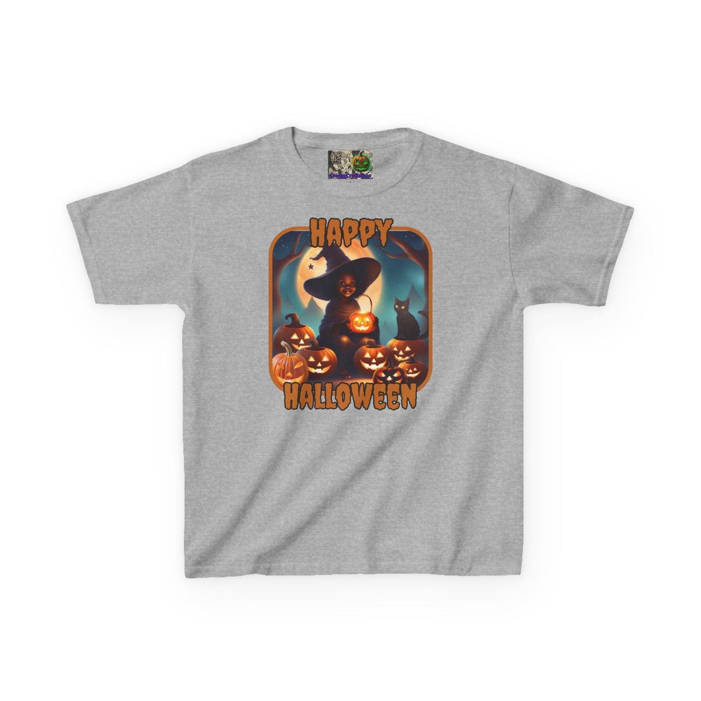 Happy Halloween Cute Witch Orange font Kids Heavy Cotton™ Tee by CreepyCrafts.boo
