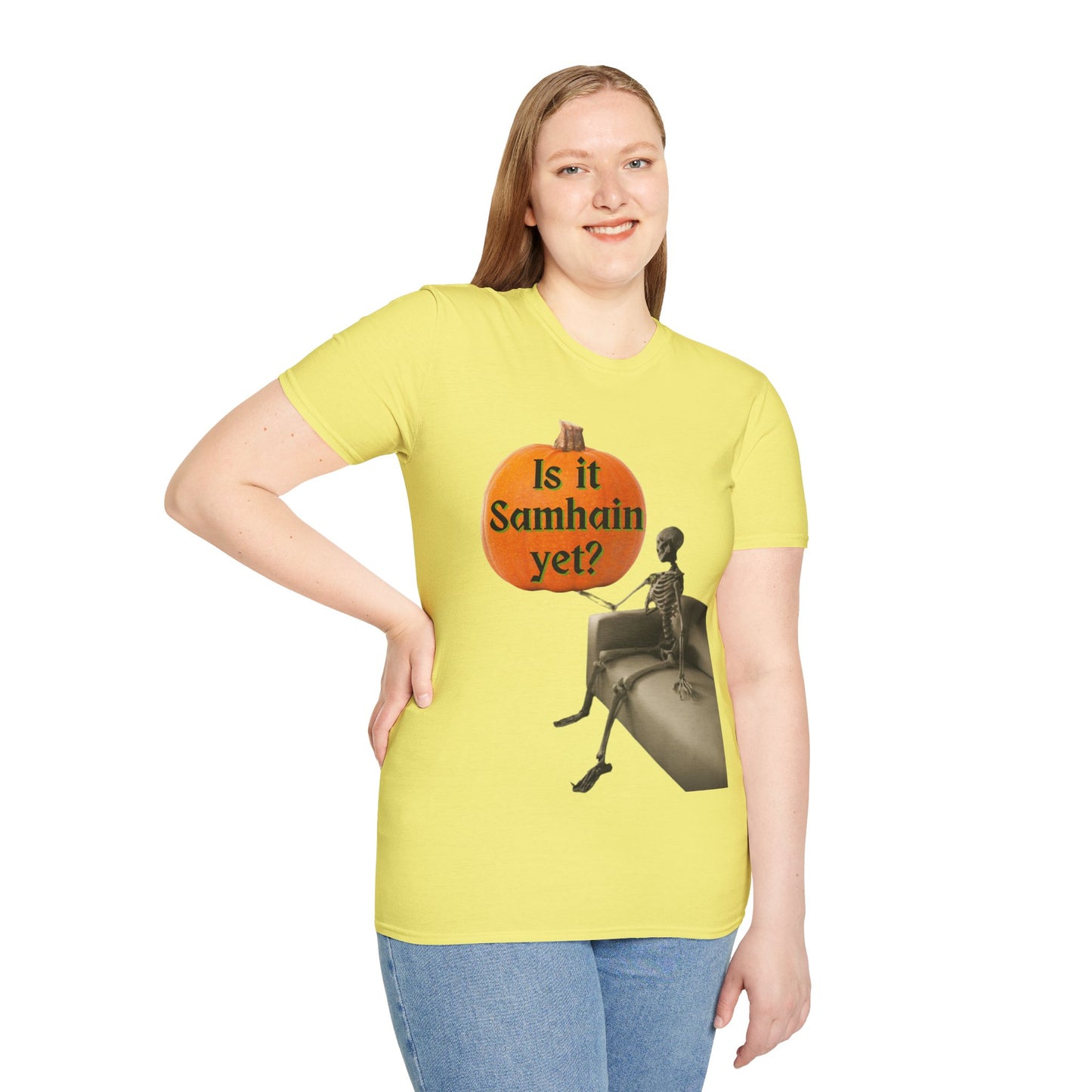 Is it Samhain yet? Skeleton's Pumpkin Light colors Unisex T-Shirt by CreepyCrafts.boo