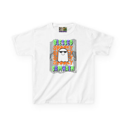 Spooky Blessed Samhain Ghost Mixed font Kids Heavy Cotton™ Tee by CreepyCrafts.boo