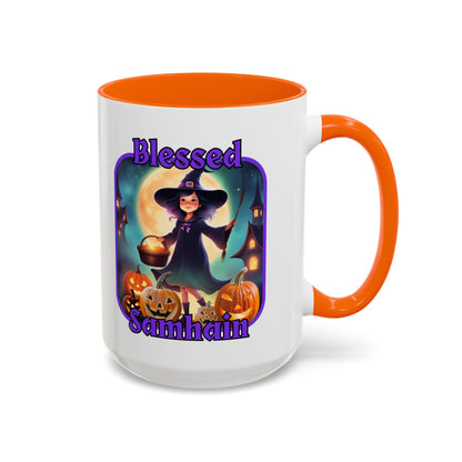Blessed Samhain Little Witch Purple font White Accent Mug by CreepyCrafts.boo