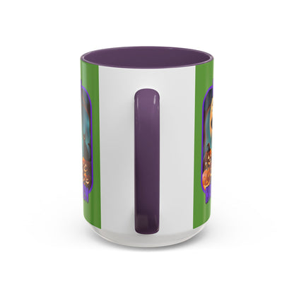 Happy Halloween Cute Witch Purple font Green Accent Mug by CreepyCrafts.boo