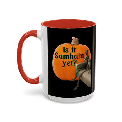 Is It Samhain Yet? Skeleton's Giant Pumpkin Black Accent Mug by CreepyCrafts.boo