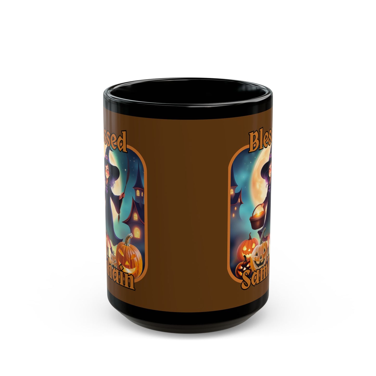 Blessed Samhain Little Witch Orange font Brown Mug by CreepyCrafts.boo