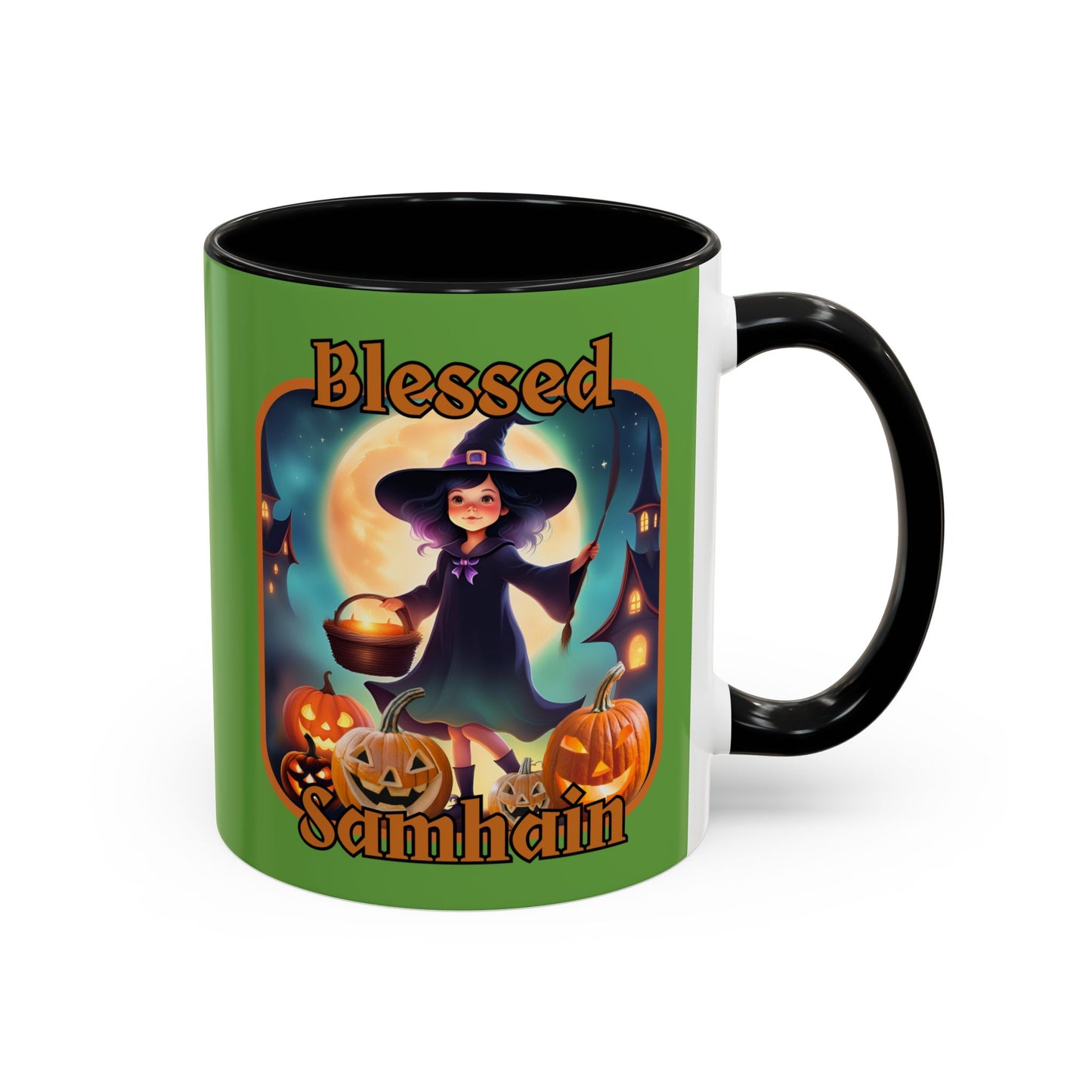 Blessed Samhain Little Witch Orange font Green Accent Mug by CreepyCrafts.boo
