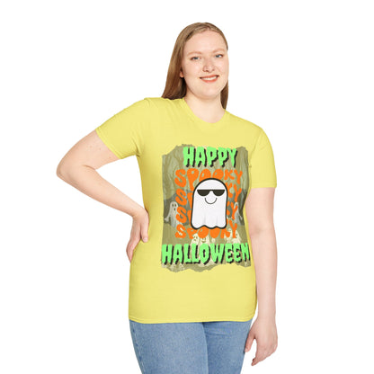 Spooky Happy Halloween Ghost Light colors Green font Unisex T-Shirt by CreepyCrafts.boo