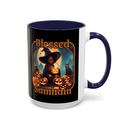 Blessed Samhain Cute Witch Orange font Black Accent Mug by CreepyCrafts.boo
