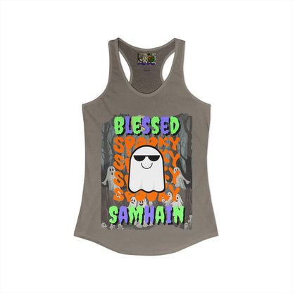 Spooky Blessed Samhain Ghost Mixed font Women's Racerback Tank Top by CreepyCrafts.boo