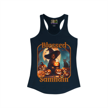 Blessed Samhain Cute Witch Orange font Women's Racerback Tank Top by CreepyCrafts.boo