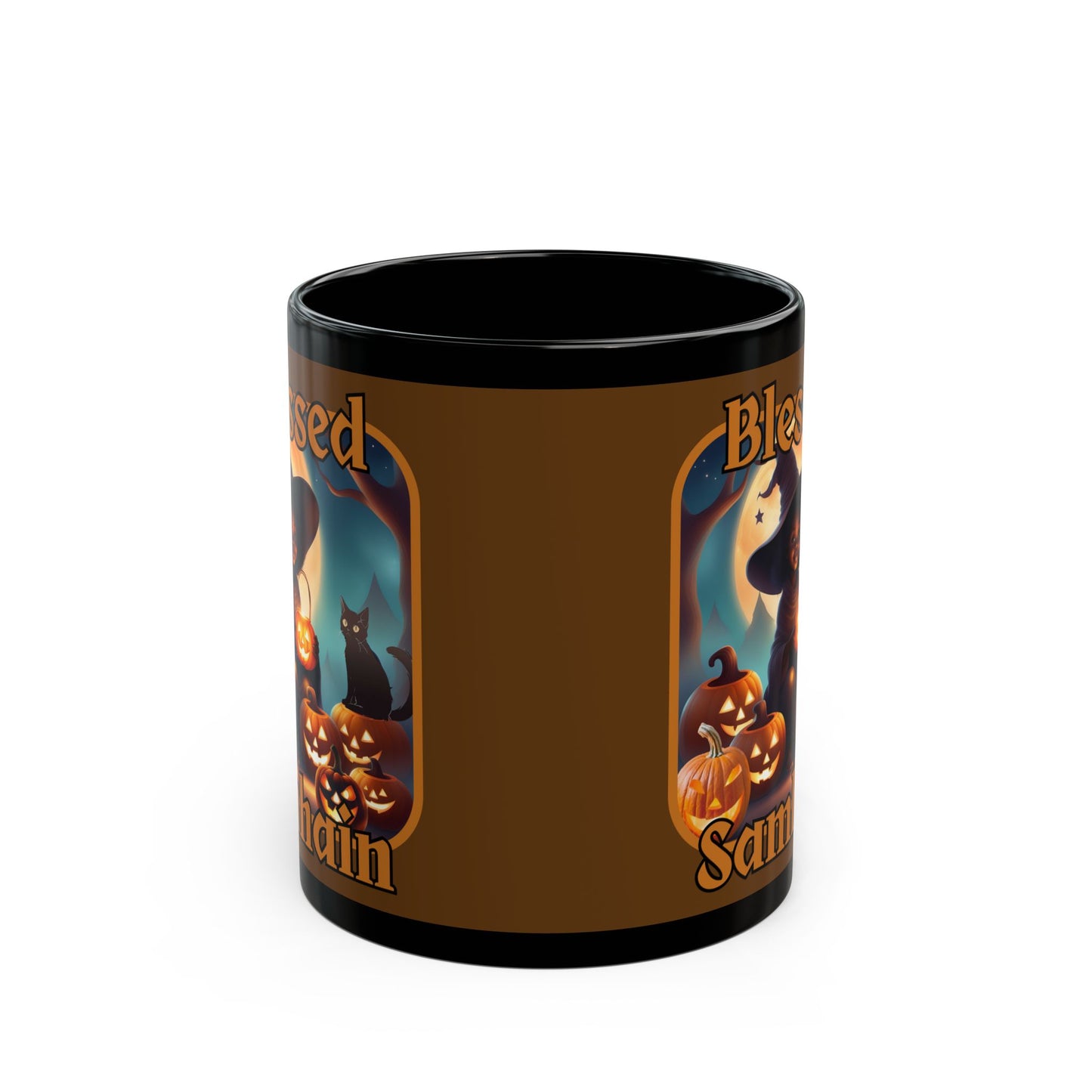Blessed Samhain Cute Witch Orange font Brown Mug by CreepyCrafts.boo