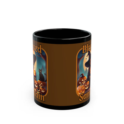 Blessed Samhain Cute Witch Orange font Brown Mug by CreepyCrafts.boo