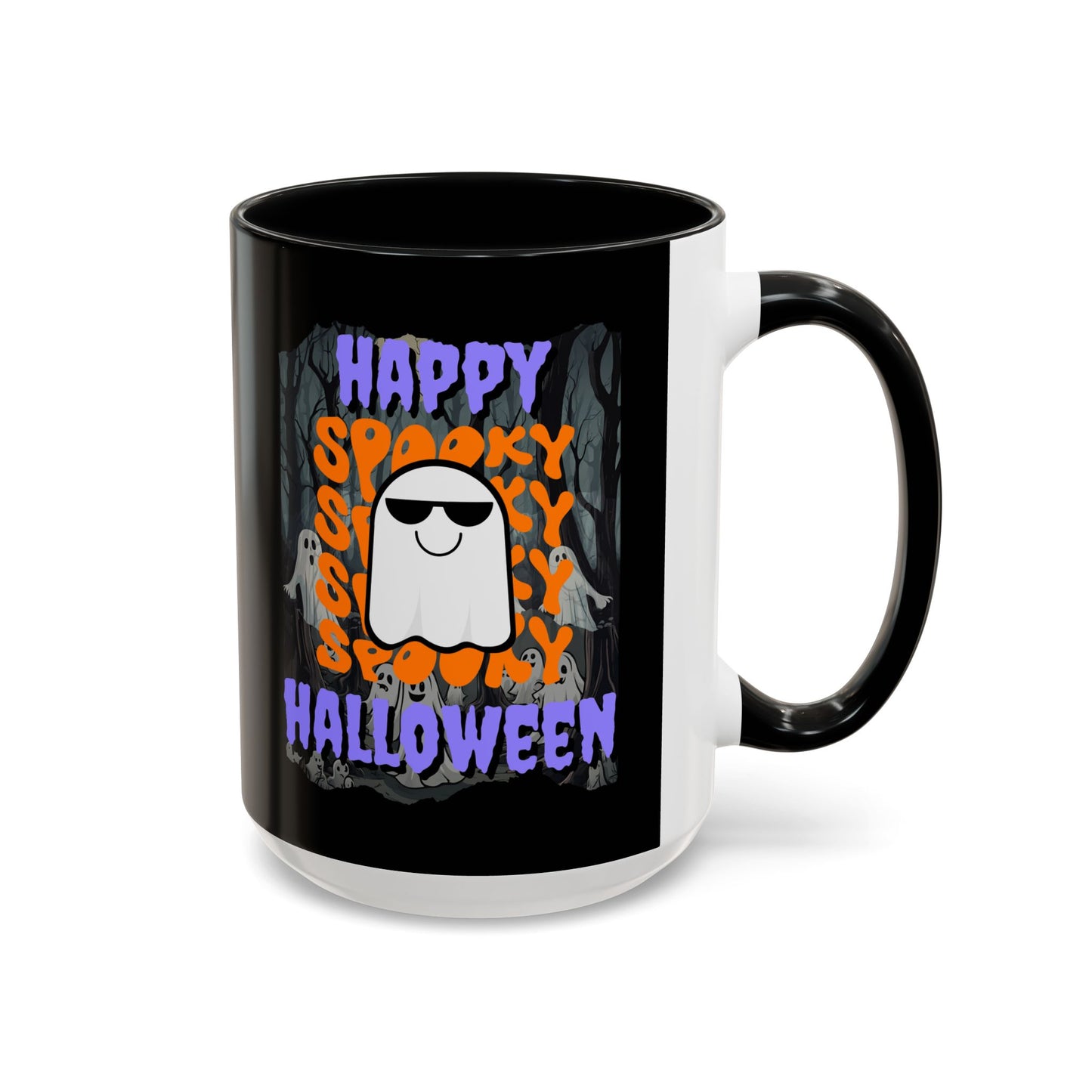 Spooky Happy Halloween Ghost Purple font Black Accent Mug by CreepyCrafts.boo