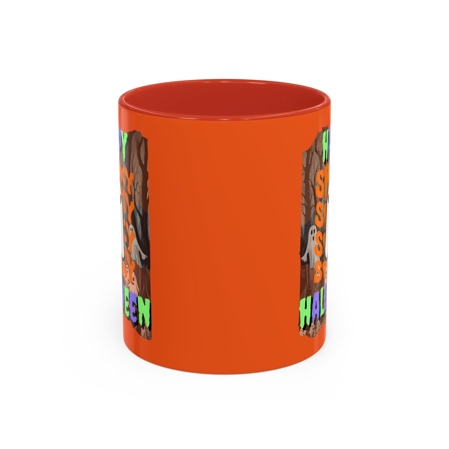 Spooky Happy Halloween Ghost Mixed font Orange Accent Mug by CreepyCrafts.boo