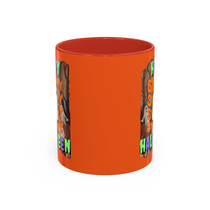 Spooky Happy Halloween Ghost Mixed font Orange Accent Mug by CreepyCrafts.boo