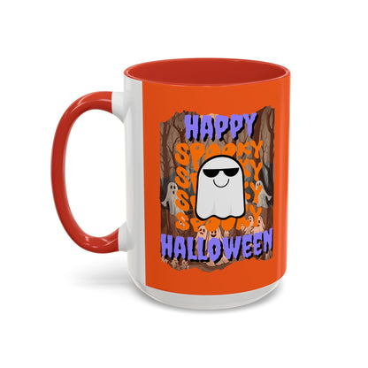 Spooky Happy Halloween Ghost Purple font Orange Accent Mug by CreepyCrafts.boo