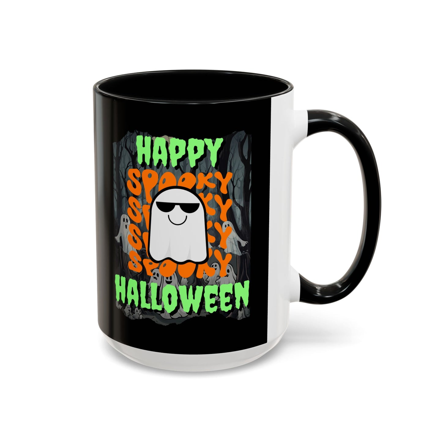 Spooky Happy Halloween Ghost Green font Black Accent Mug by CreepyCrafts.boo