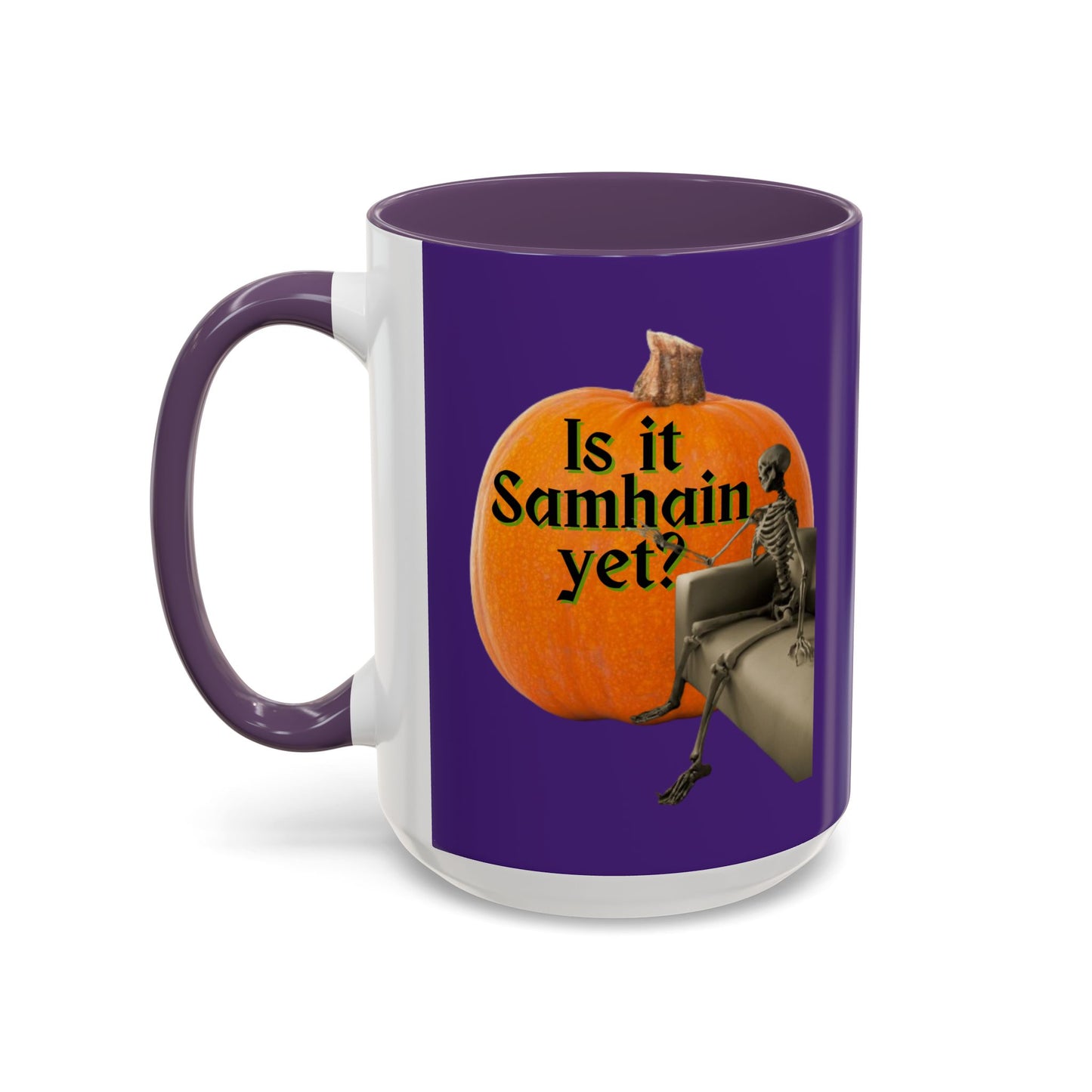Is It Samhain Yet? Skeleton's Giant Pumpkin Purple Accent Mug by CreepyCrafts.boo
