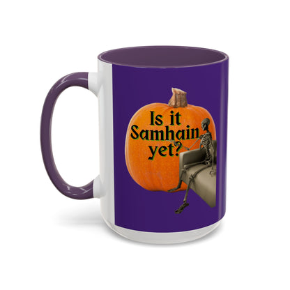 Is It Samhain Yet? Skeleton's Giant Pumpkin Purple Accent Mug by CreepyCrafts.boo