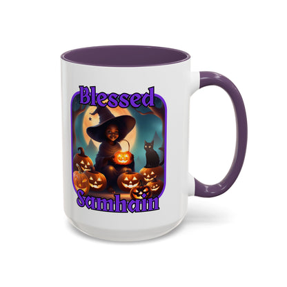 Blessed Samhain Cute Witch Purple font White Accent Mug by CreepyCrafts.boo