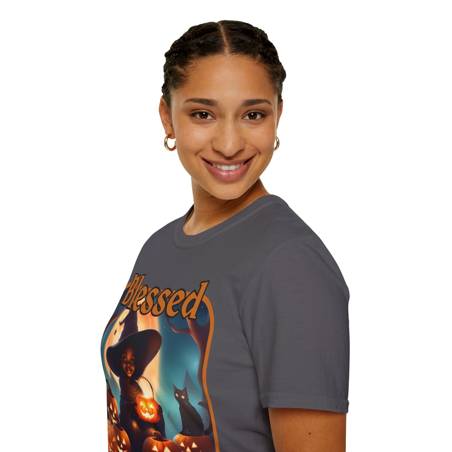 Blessed Samhain Cute Witch Orange font Dark colors Unisex T-Shirt by CreepyCrafts.boo