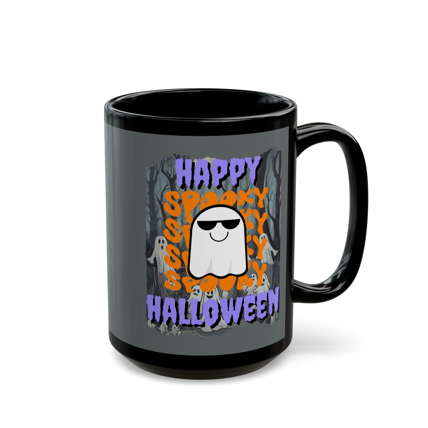 Spooky Happy Halloween Ghost Purple font Grey Mug by CreepyCrafts.boo