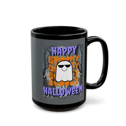 Spooky Happy Halloween Ghost Purple font Grey Mug by CreepyCrafts.boo