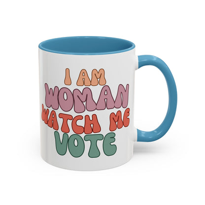 I Am Woman Watch Me Vote White Accent Mug by cypherpunkgear.com