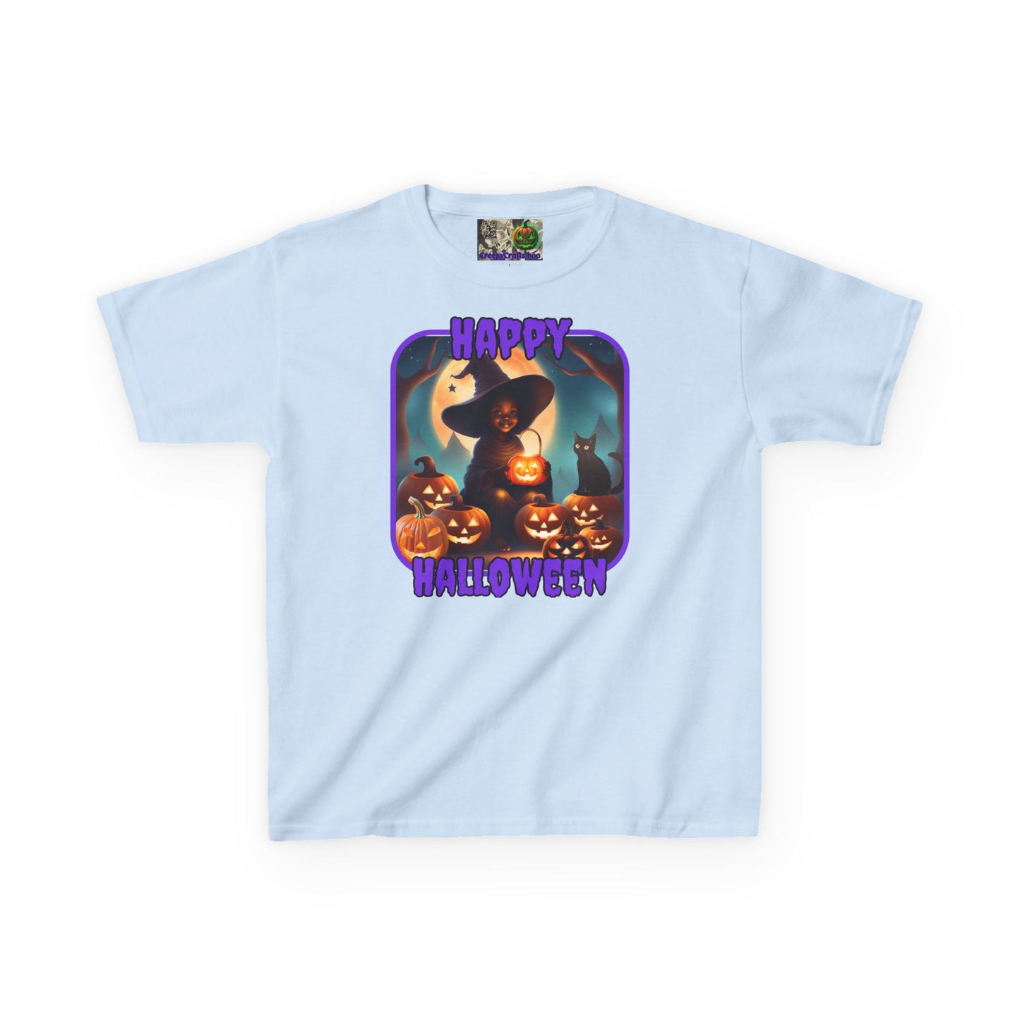 Happy Halloween Cute Witch Purple font Kids Heavy Cotton™ Tee by CreepyCrafts.boo