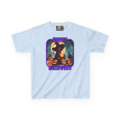 Happy Halloween Cute Witch Purple font Kids Heavy Cotton™ Tee by CreepyCrafts.boo