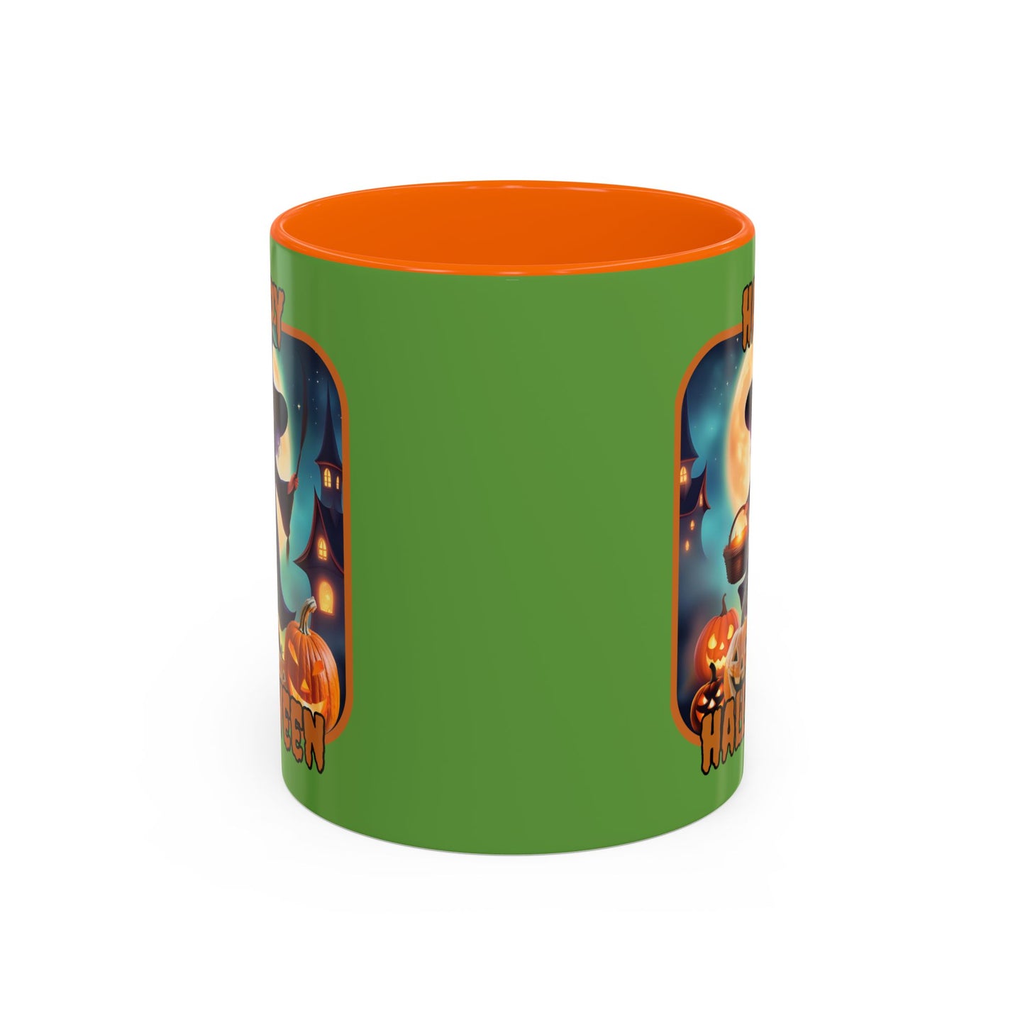Happy Halloween Little Witch Orange font Green Accent Mug by CreepyCrafts.boo