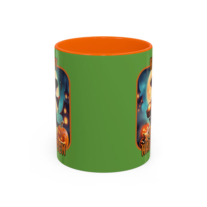 Happy Halloween Little Witch Orange font Green Accent Mug by CreepyCrafts.boo