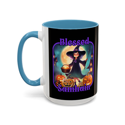 Blessed Samhain Little Witch Purple font Black Accent Mug by CreepyCrafts.boo