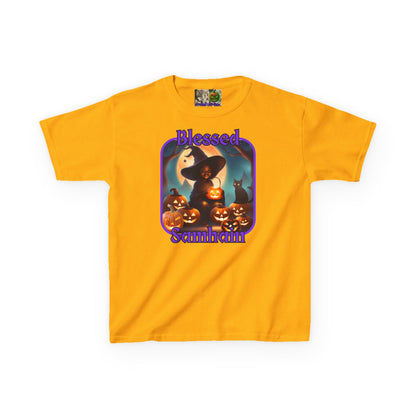 Blessed Samhain Cute Witch Purple font Kids Heavy Cotton™ Tee by CreepyCrafts.boo
