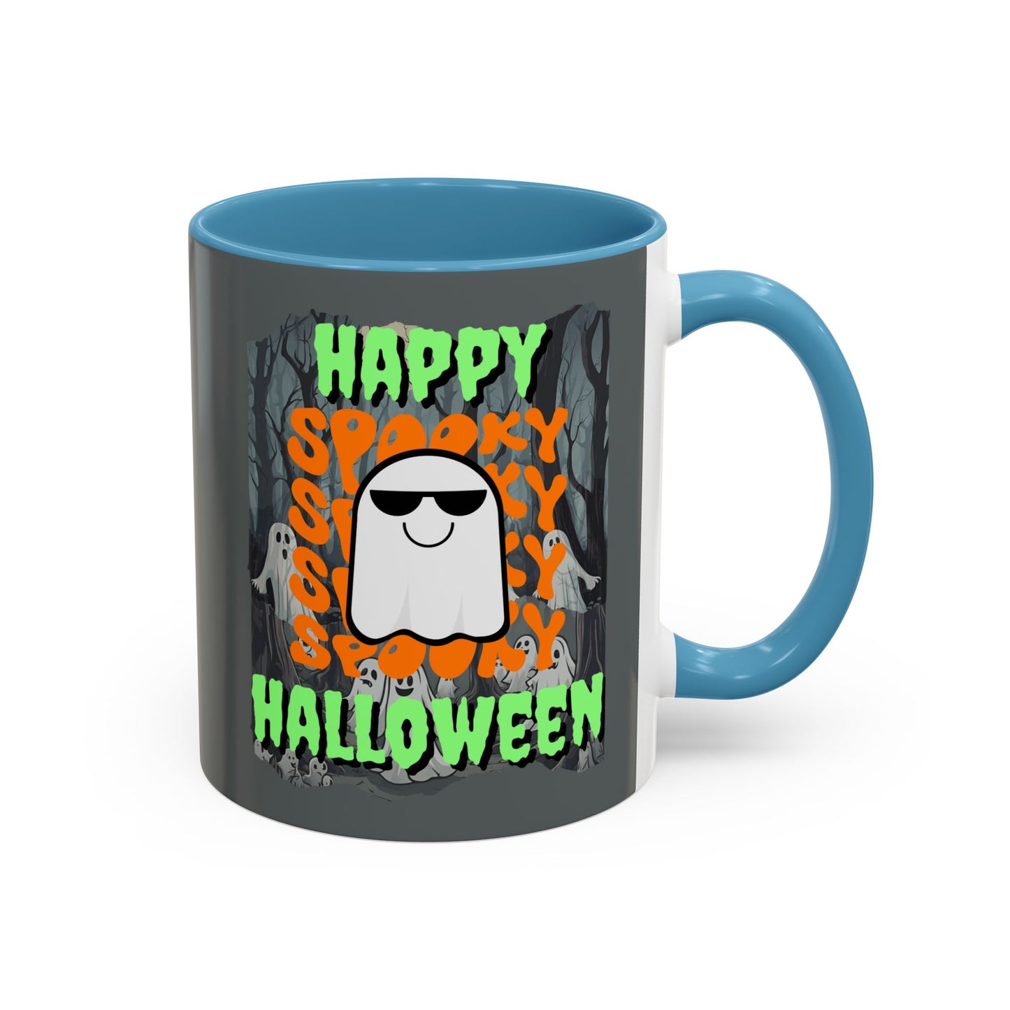 Spooky Happy Halloween Ghost Green font Grey Accent Mug by CreepyCrafts.boo