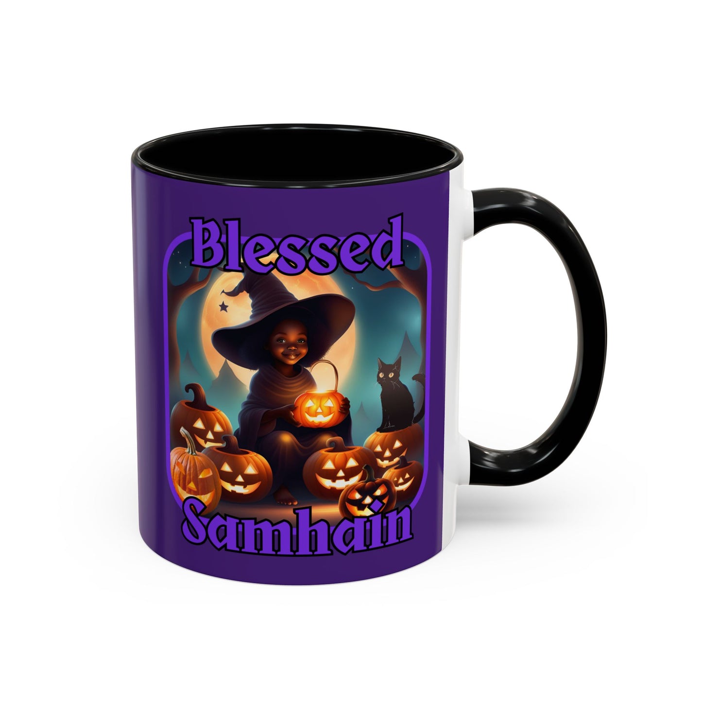 Blessed Samhain Cute Witch Purple font Purple Accent Mug by CreepyCrafts.boo