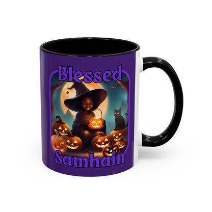 Blessed Samhain Cute Witch Purple font Purple Accent Mug by CreepyCrafts.boo