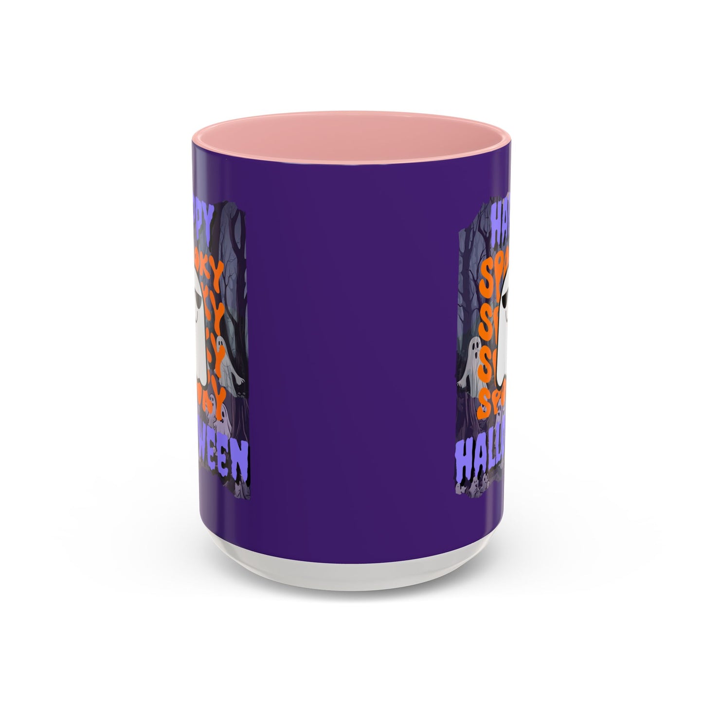 Spooky Happy Halloween Ghost Purple font Purple Accent Mug by CreepyCrafts.boo