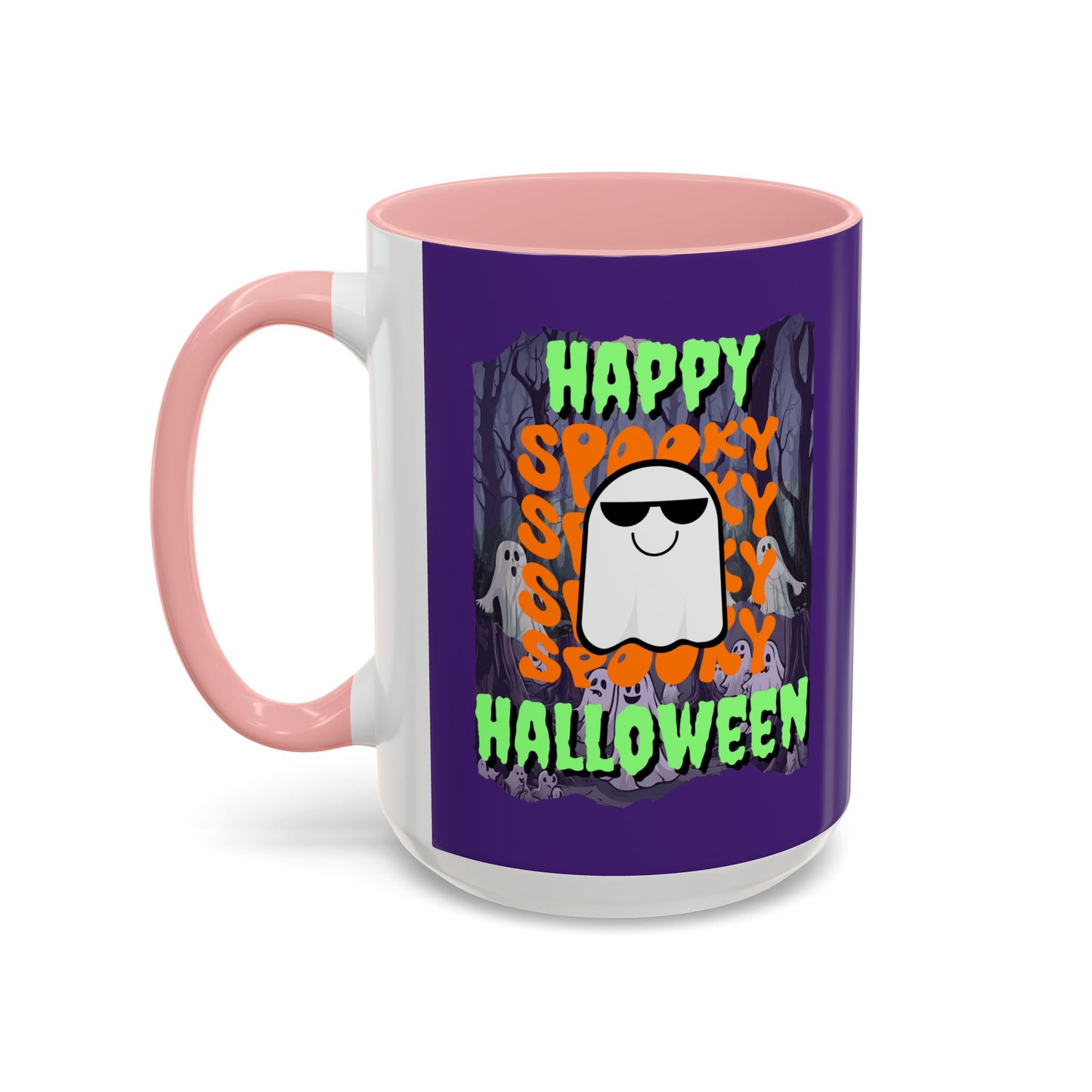 Spooky Happy Halloween Ghost Green font Purple Accent Mug by CreepyCrafts.boo