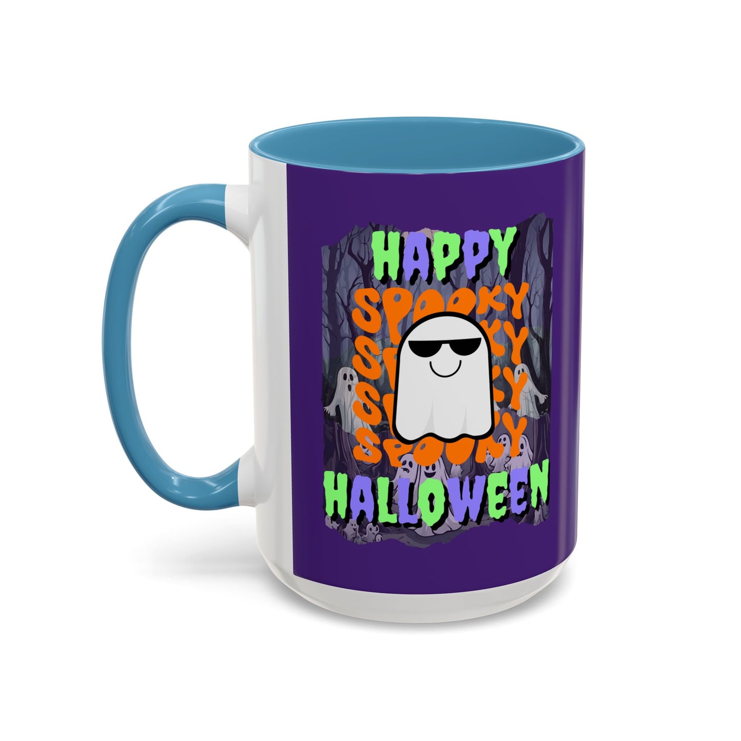 Spooky Happy Halloween Ghost Mixed font Purple Accent Mug by CreepyCrafts.boo