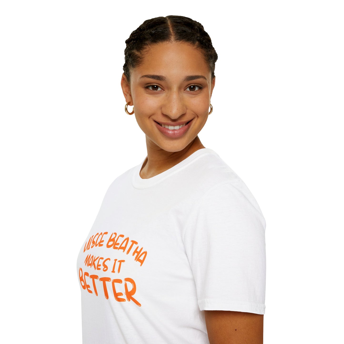 Uisce Beatha makes it better Orange font Light colors Unisex T-Shirt by cypherpunkgear.com