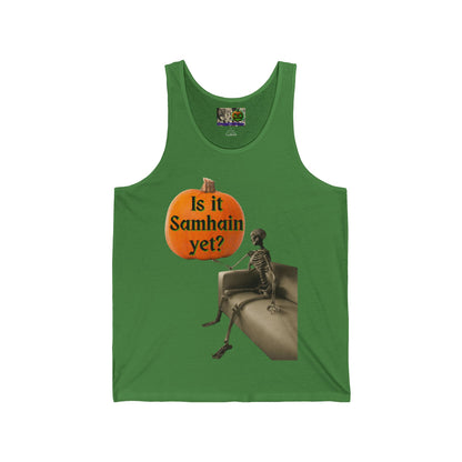 Is it Samhain yet? Skeleton's Pumpkin Unisex Jersey Tank Top by CreepyCrafts.boo