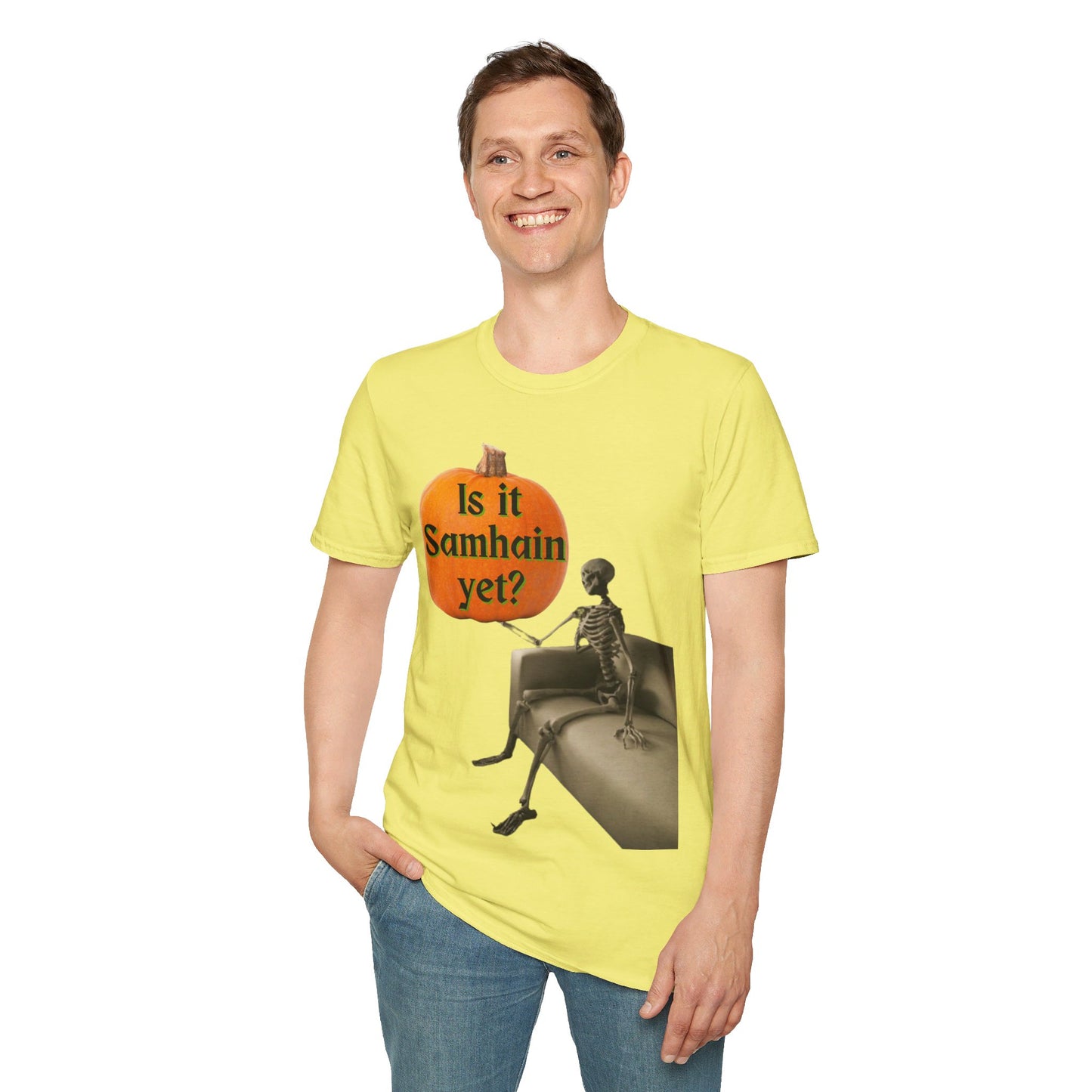 Waiting for Samhain Skeleton LTcolors Unisex T-Shirt by cypherpunkgear