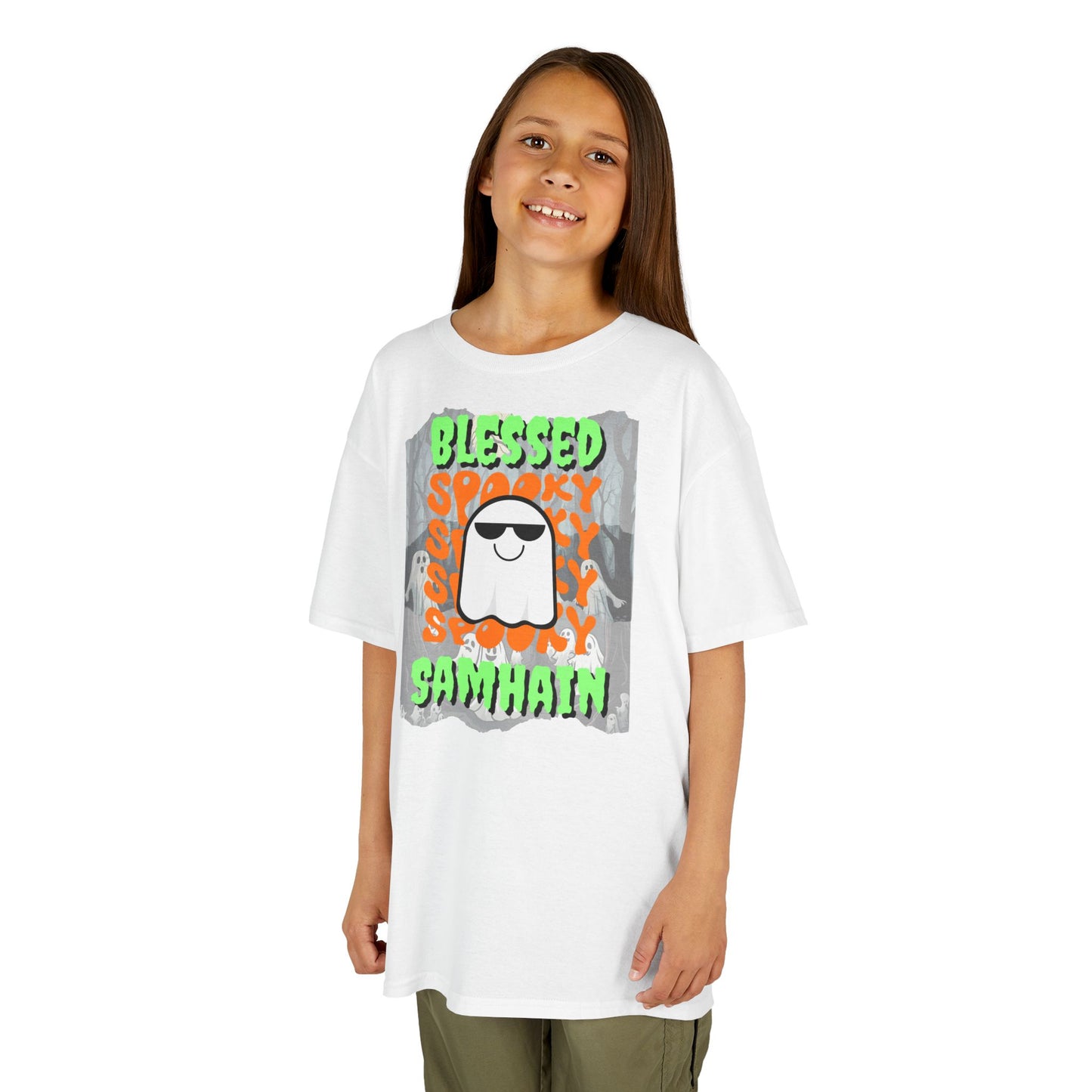 Spooky Blessed Samhain Ghost Green font Kids Heavy Cotton™ Tee by CreepyCrafts.boo